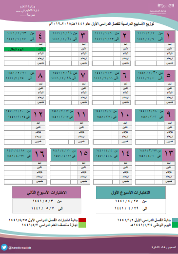 توزيع الاسابيع الدراسية 1443 الفصل الثاني